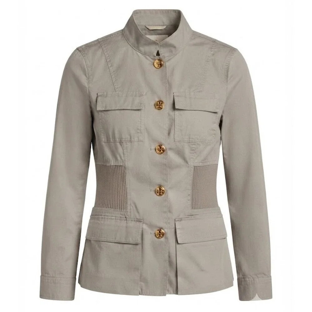 Tory Burch Tan Cotton Safari Utility Jacket Gold Logo Buttons Small - AC